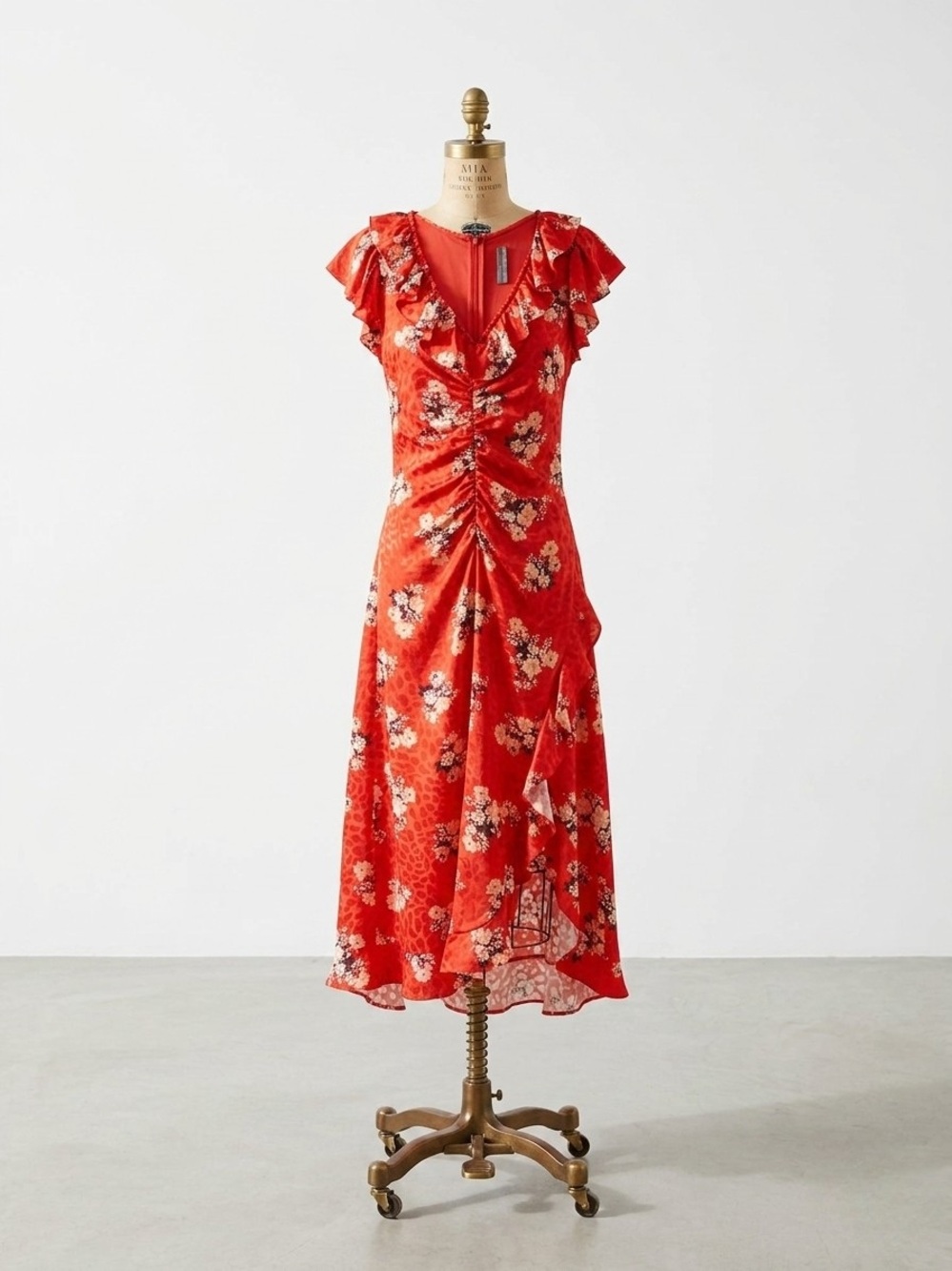 Anthropologie Floral Midi Dress, Dark Orange, Ruffle Detail, Size 12